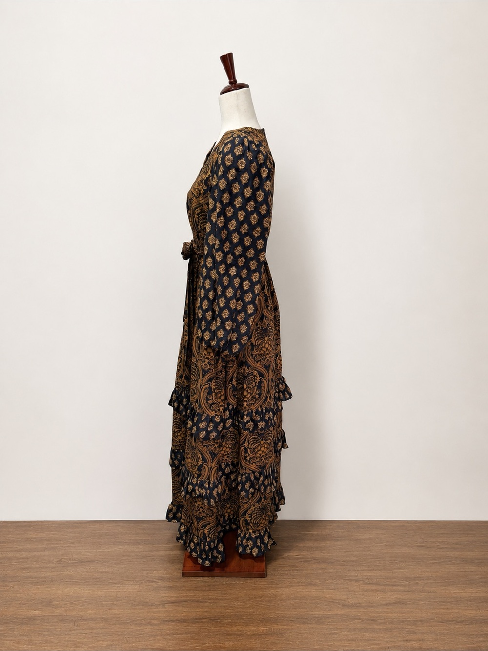 A Loves A XS Navy Gold Paisley Tiered Maxi Dress Boho Puff Sleeve - Picture 3 of 10